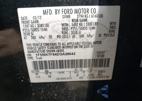 2013 Ford Explorer Limited from USA, damaged, VIN 1FM5K7F84DGA28642